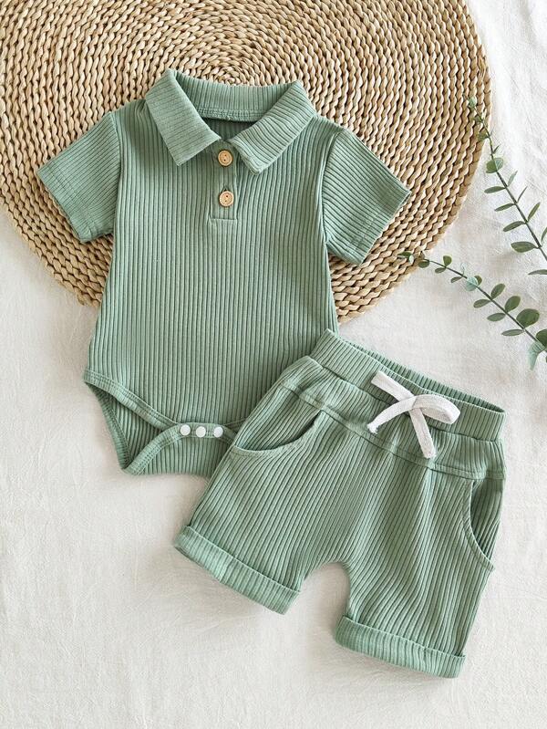 Unisex romper met vierkante kraag en korte broek voor baby's/peuters/kinderen, casual en comfortabel, essentiële zomeroutfit voor buitensporten