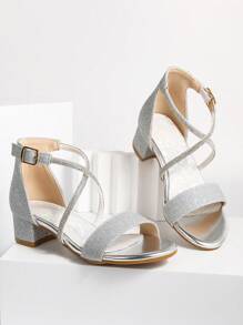 Gold/Silver Glitter Children High Heel Sandals, Suitable To Match With Shiny Dresses For Summer Outings