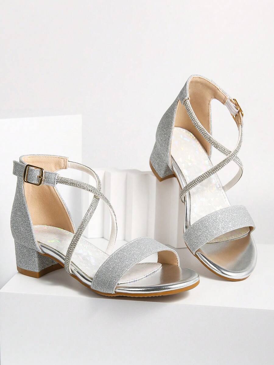 Gold/Silver Glitter Children High Heel Sandals, Suitable To Match With Shiny Dresses For Summer Outings