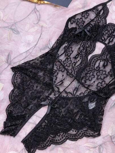 1pc Crotchless Lingerie, Verleidelijke Backless Bowknot Kanten Teddy Open Cup, Baddie Look view 7