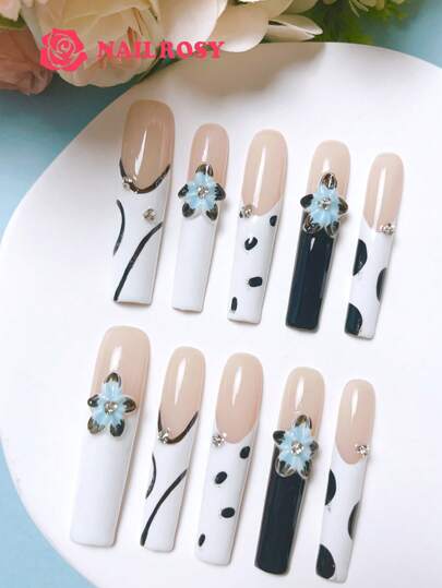 10Pcs Handmade Press On Nails Kit Long Coffin Pink Line Art Bling Glitter Glistening Iridescent Luxurious Rhinestone Decor Japanese Style Modern Elegant Minimalist Korea Style Fresh Design Chic French Style Neutral Classical Cute Kawaii Creative Glossy Finish Shimmery