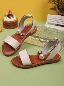 Sandalias casuales de verano 2025 con lazo y perlas para niñas, cómodas y versátiles, con diseño de punta abierta con estilo