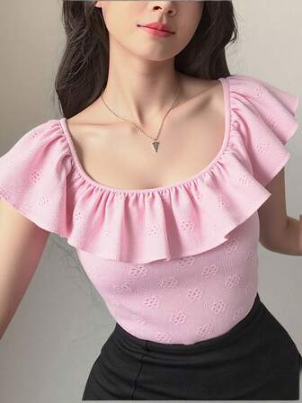 Blusa  Escote Volantes Florales Bordado Suave Primavera Verano