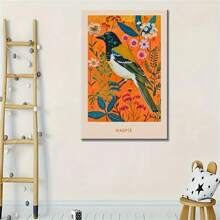 1pc Vibrant Magpie Bird & Floral Canvas Art Print - Rustic Vintage Wall Decor With | Colorful Home, Kitchen, Bedroom, Office & Bathroom Poster ,No Frame