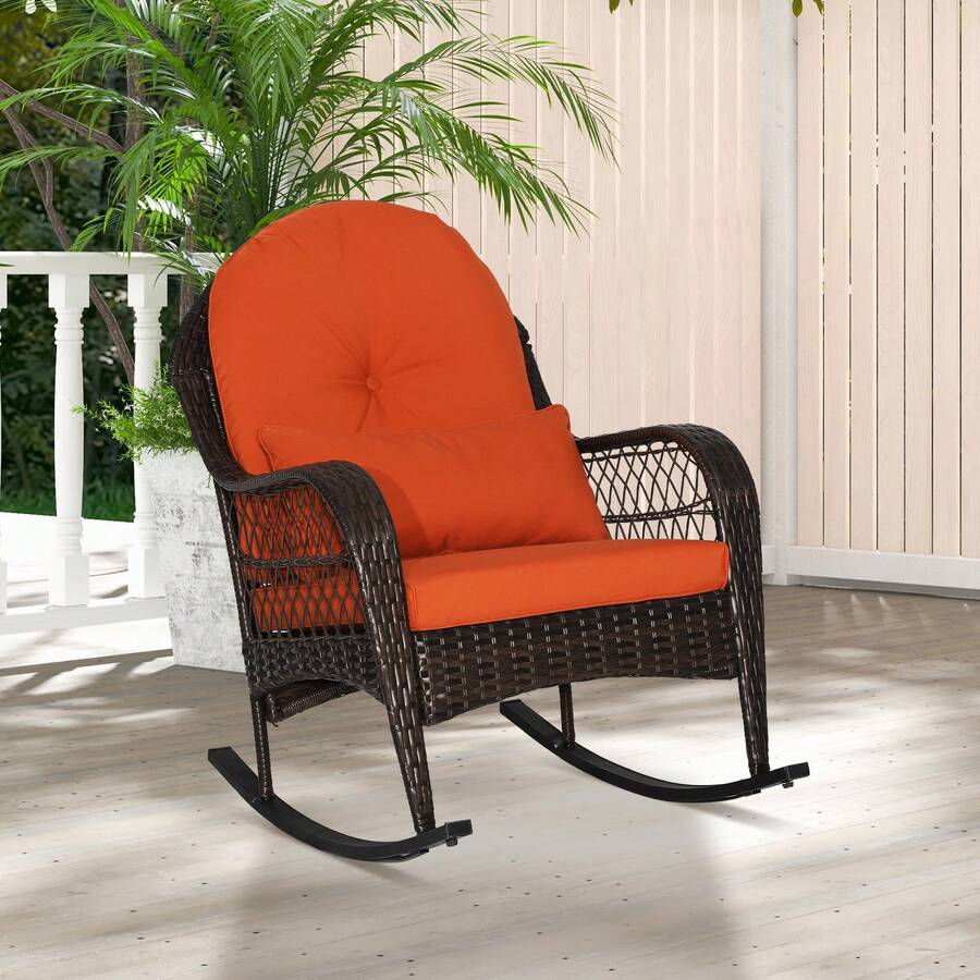 GOFLAME Outdoor Wicker Rocking Chair Patio Rattan Rocker With Cushions - Coral Orange - View 1
