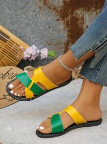 Wide Fit Women's Contrasting Color Sandals, Casual Open Toed Flat Shoes, Lightweight Beach Shoes