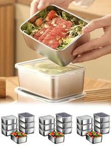 Recipiente de almacenamiento de alimentos de acero inoxidable con tapa abatible, tarro hermético para cocina, a prueba de fugas y apilable, adecuado para almacenamiento en la cocina, campamento al aire libre, reuniones familiares, oficina y escuela - Multicolor - Ver 1