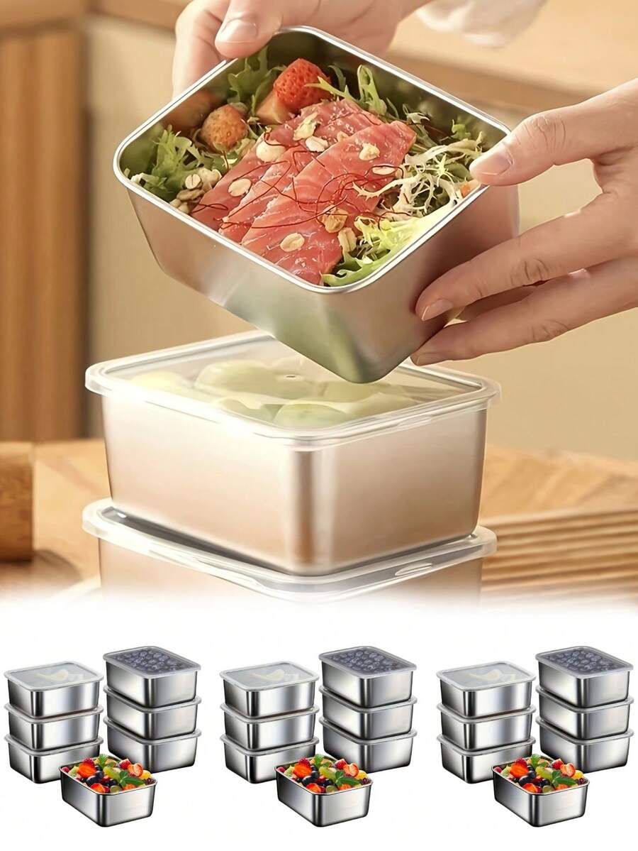 Recipiente de almacenamiento de alimentos de acero inoxidable con tapa abatible, tarro hermético para cocina, a prueba de fugas y apilable, adecuado para almacenamiento en la cocina, campamento al aire libre, reuniones familiares, oficina y escuela - Multicolor - Ver 1