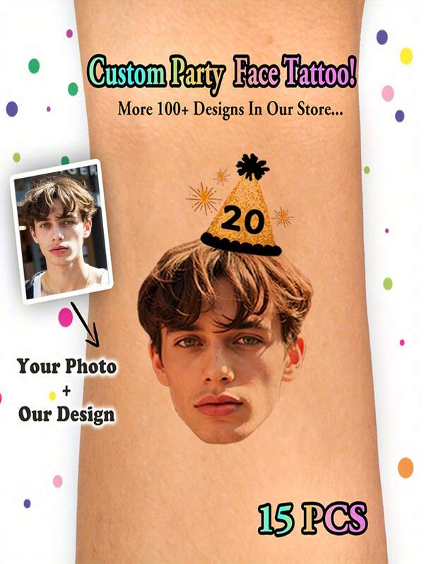 1Pc/15 Birthday Personalized Customization Temporary Tattoos Figure Temporary Tattoo Heart Colorful Waterproof Sweatproof Disposable Portrait Design Customized For Friend, Mate, Lovers, Pet, Family Member, For Parties, Performance, Family, Birthday Party, Party Of Friends For Face, Arm, Waist, Chest, Leg, Abdomen, Neck, Hand, Finger, Back