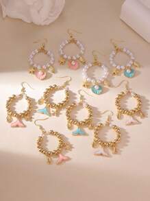 MESTILO 2pcs Tropical Style Metal Faux Pearl Oil Drop Starfish, Fish, Seashell Design Earrings Suitable For Women Holiday & Vacation Wear