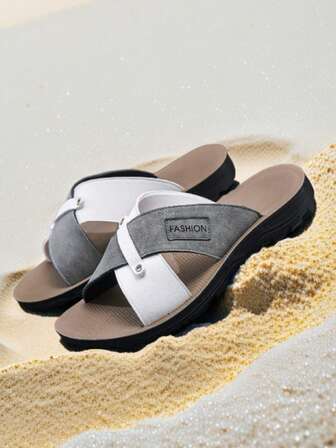 2025 New Men's White & Gray Contrast Color Slide Sandals, Letter Logo Criss-Cross Strap, Lightweight Beach & Outdoor Breathable Casual Street Fashion Slippers