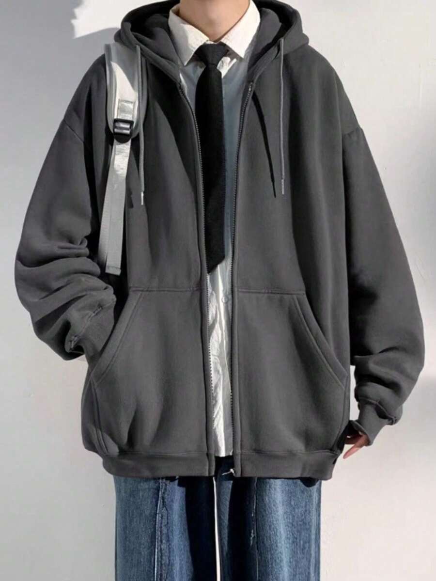 Jaqueta de moletom com capuz de algodão para outono e inverno cor sólida zíper cardigan versátil top esportivo - Chumbo - Visão 1