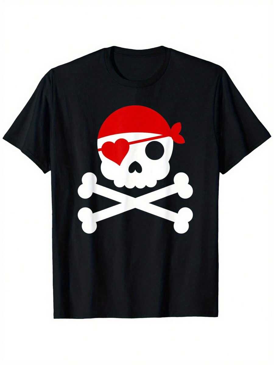 Camiseta de algodón negro de 180 g con cuello redondo y manga corta con estampado gráfico de calavera y tibias cruzadas con parche en el ojo de corazón pirata - Camiseta informal, suave y transpirable para mujer con elegante estampado de calavera - Top moderno y cómodo con diseño de bandana roja