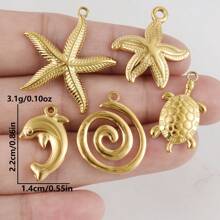 5 Stücke Edelstahl Ozean Themen Anhänger Sortiment - Seestern, Muschel, Schildkröte, Hai, Fisch, Delfin, Seepferdchen. Geeignet für Armband, Halskette, Knöchel, Ohrring Schmuck DIY, Vintage, Strand, Party Elemente, 18 Karat vergoldet