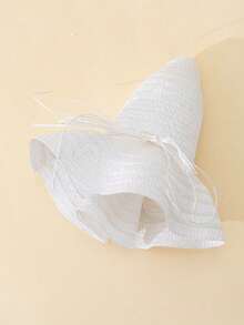 1pc Unisex Kids Grass Rope Bow Decor Simple Fashionable White Wavy Straw Hat, Suitable For Outdoor, Beach Vacation, Children Sun Ion Gift - White - View 4