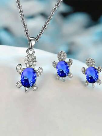3pcs/1 Set Simple And Fashionable Women's High-End Sense Niche Design Inlaid With Glass Turtle Earrings Necklace Light Luxury Ac