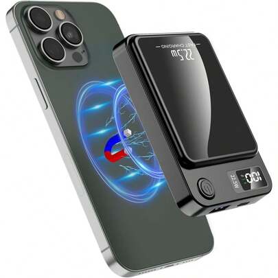 1 Stück schwarze Powerbank, 10000 mAh Powerbank, magnetische Powerbank Mini PD 22,5 W Schnellladung mit LED-Anzeige, Akkupack kompatibel mit magnetischem