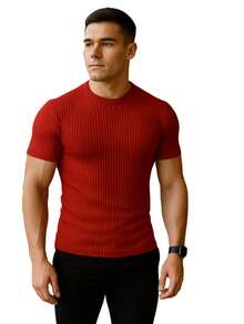 Men's 100% Ribbed T-Shirt - 紅色 - 查看 2