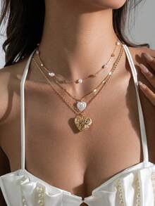 1pc Fashionable Multi-Layered Love Pendant Necklace. Simple And Advanced Hollow Design. Suitable For Daily Wear And Party Wear. An Excellent Friendship Gift For Girlfriends. - Gold - View 3