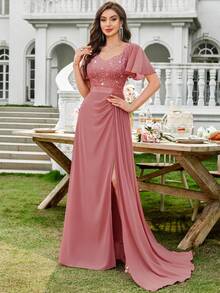 MIUSOL Sequin Embroidered Lace Sweetheart Neck Ruffle Sleeve Draped Side Split Thigh Formal Party Maxi Dress, Wedding Dress, Bride - Dusty Pink - View 7