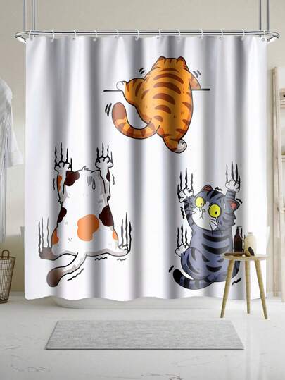 1pc, Cartoon Cat Print Waterproof Shower Curtain With 12 Hooks, Animal Theme Decorative Bath Curtain For Bathtub, Modern Bathroom Decor, Waterproof Polyester Fabric, Machine Washable, Suitable For Hotel, Apartment, Homes, Great Gift Idea, Sizes: 35inX70in, 47inX70in, 59inX70in, 70inX70in Fall Decor Bathroom Accessories Back To School