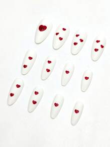 24pcs Almond-Shaped Romantic Minimalist Red Heart Artificial Nail Tips For Parties, Weddings, With 1pc Nail File & 1pc Nail Glue