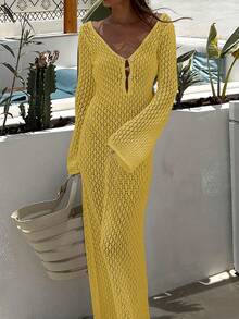 Vestido de playa de manga larga con escote en V, estilo elegante bohemio de resort, con diseño calado para cubrir el traje de baño de mujer - Amarillo - Ver 8