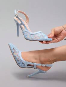 Fall/Winter 2025 Women's Lace Patchwork Pointed Toe High Heel Sandals, Hollow Out Breathable Sexy Fashion Party Stilettos, Elegant, Women Pumps,Elegant - Baby Blue - View 7