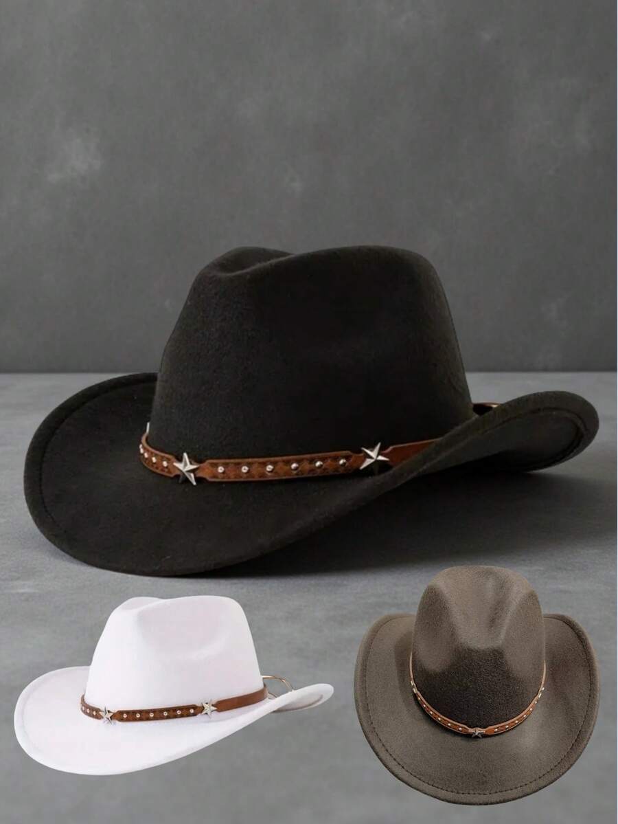 1pc Unisex Leather Pentagram Decor Black Felt Cowboy Hat, Western Cowboy Hat, Punk Vintage Jazz Hat, Suitable For Outdoor Travel, Vacation, Party And Daily Use - Multicolor - View 1