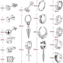 36PCS Men's Stainless Steel Earrings Set - Silver Cross/Hoop/Stud Multipack Hypoallergenic Body Jewelry For Men, Perfect Gift For Birthday Party & Casual Wear