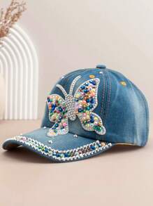 1 Stück Damen Mode Baseball Kappe mit Schmetterling Strass, vielseitig einsetzbarer Outdoor Lässig Sonnenhut mit farbigen Strass-Akzenten