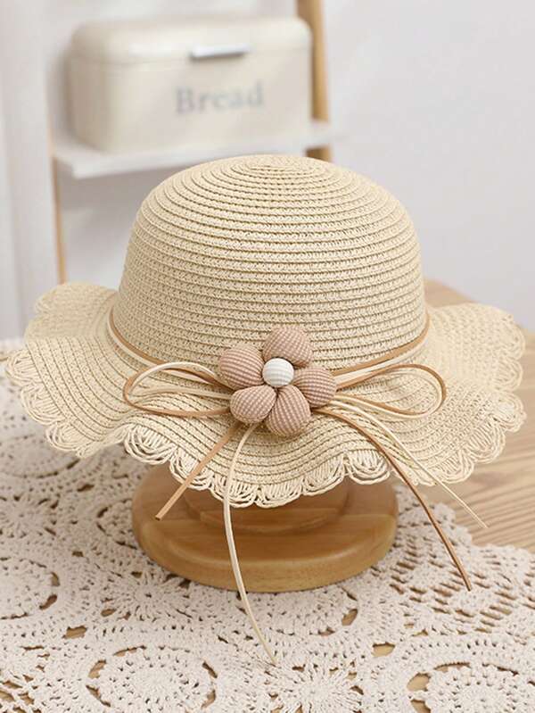 1pc Girls' Cute Princess Heart & Bowknot Straw Sun Hat, Princess Style Beach Hat Suitable For Daily Wear