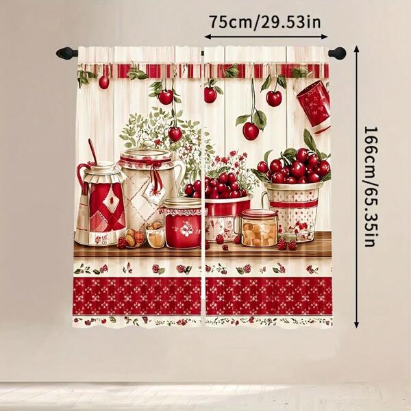Gordijnenset van 2 stuks met keukengerei en lepelontwerp - rood-wit geblokt patroon met fruitillustratie, machinewasbaar polyesterweefsel, lichtfilterend, stijl met roedezak, geschikt voor slaapkamer, woonkamer en keukenramen