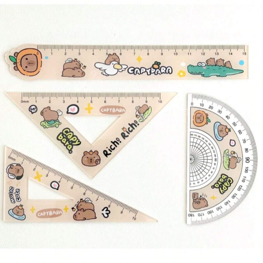 15cm Capybara Ruler Student Set, 4pcs Ruler, Protractor, Triangle Scale Multi-Function Stationery,School Supplies,Back To School,Rulers - one-size - View 1