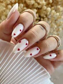 24pcs Almond-Shaped Romantic Minimalist Red Heart Artificial Nail Tips For Parties, Weddings, With 1pc Nail File & 1pc Nail Glue