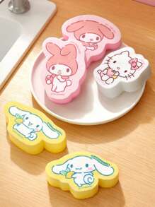 Sanrio 1/3pcs Novelty Cartoon Double-Sided Sponge Cleaning Pads, For Cleaning Dishes, Pots And Pans, Reusable Kitchen Cleaning Supplies, Random Styles