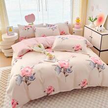 Conjunto de cama de flanela floral com 4 peças, incluindo 1 capa de edredom, 1 lençol plano, 2 fronhas, roupa de cama reversível com estampa floral para casa, dormitório, camping, adequada para todas as estações e como presente para o Dia das Mães