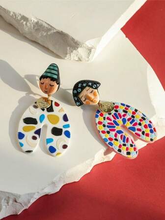 A Pair Of Fashionable And Personalized   Dolls With Colorful Polka Dot Cartoon Portraits, Asymmetrical Long Earrings