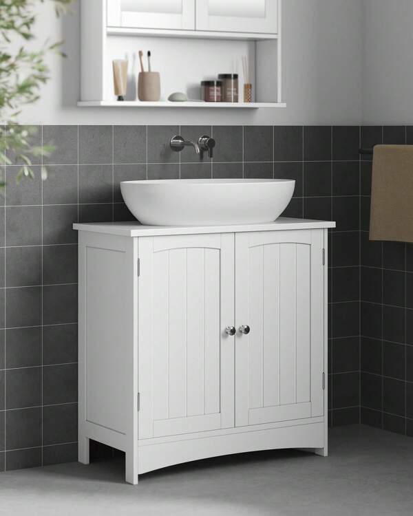 VASAGLE Waschbeckenunterschrank, Unterschrank, Waschtischunterschrank, Badezimmerschrank mit 2 Türen, verstellbare Ablage, viel Stauraum, Landhausstil, 60 x 30 x 60 cm, Weiß