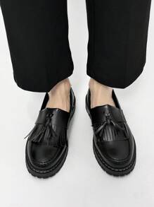 Men's Casual Thick Sole Slip-On Solid Black Leather Shoes, Durable Student Loafers, Formal Business Dress Shoes With Tassels, Lightweight Casual Work Boots