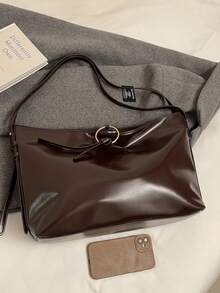 1pc Women's Retro Coffee Color Solid PU Leather Tassel And Ring Decor Fashion Casual Simple Shoulder/Tote Bag, Large Capacity Suitable For Shopping And Daily Use