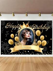 1pc- Custom Happy Birthday Background, Custom Black Gold Theme Printed Poster - Personalized Birthday Party Custom Photo And Name Poster - Suitable For Party Decoration Supplies Birthday Gifts, Gallery Decoration And Photo Booth Props, Party Decoration, Unique Personalized Background Photography And Display, The Perfect Party Decoration, Multi-Functional, Durable, Ornamental, Summer Holiday
