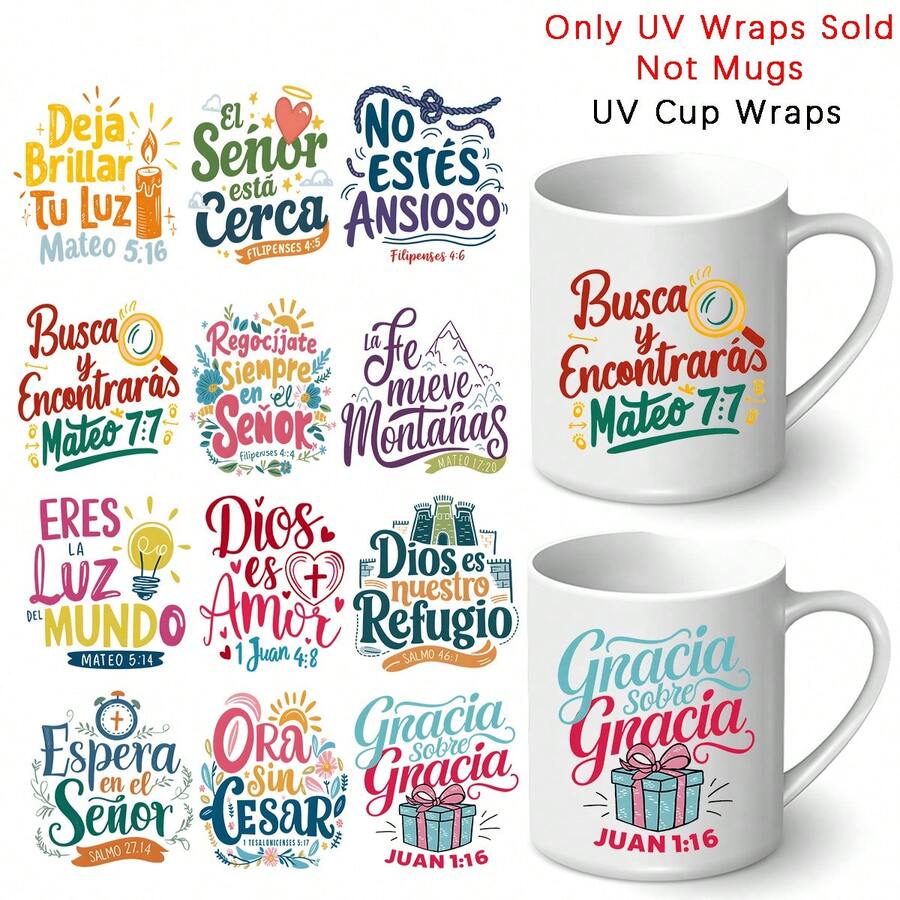 Set de 12 adhesivos con versículos de la Biblia en español, envoltorios resistentes a rayones y al agua para tazas, botellas, manualidades, scrapbooking y artesanías, fáciles de aplicar y versátiles con citas religiosas - Multicolor - Ver 1