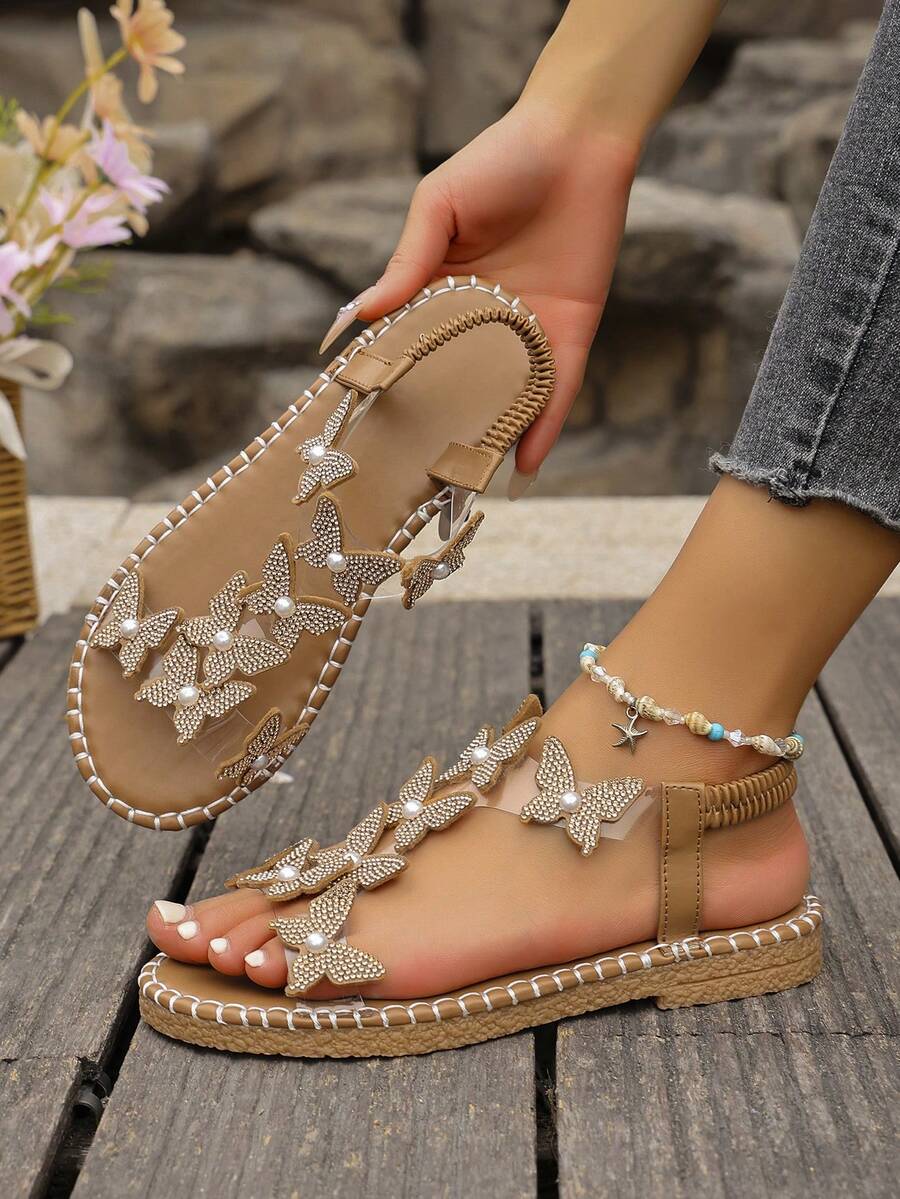 Flat Strap Rhinestone Elastic Sandals For Women, New Butterfly Transparent Strap Soft Bottom Sandals, Fashion Flat Brown Sandals Suitable With Dress - Brown - View 1