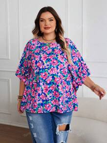 Woven Round Neck Plus Size Batwing Half Sleeve Floral All-Over Print Blouse, Casual Spring/Summer Vacation Wear For Plus Size Women