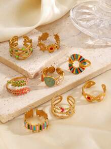 Conjunto sortido de anéis de esmalte vintage em tons de aço inoxidável femininos, 6/10/16/24/30 peças, cores e estilos aleatórios, adequado para decoração diária