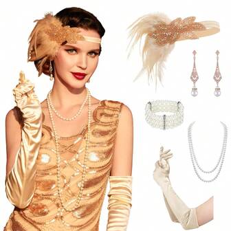1 套 5 件 1920 年代轻佻女郎串珠头带、羽毛、珍珠耳环、项链、3 层手链、黄色手套 - 女士派对化妆和服装配饰套装，适合化妆舞会、鸡尾酒会、晚会万圣节