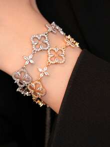 1 Pc Luxury Hollow Floral Zirconia Adjustable Bracelet, Sparkling Minimalist High-End Personalized Charm Bracelet, Gift For Birthday Party - Hollow Four-leaf Flower Bracelet - View 8