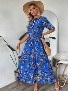 Vestido azul floral con cintura elástica, nuevo vestido de verano de gasa de manga corta por encima de la rodilla, adelgazante, para vacaciones en la playa, suelto, moda informal, francés, elegante, temperamento, vestido de manga corta. - Azul - Ver 2