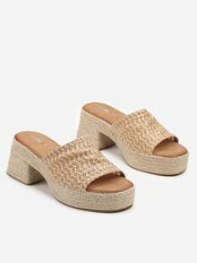 Braided Mules With Heel And Platform - Khaki - View 3